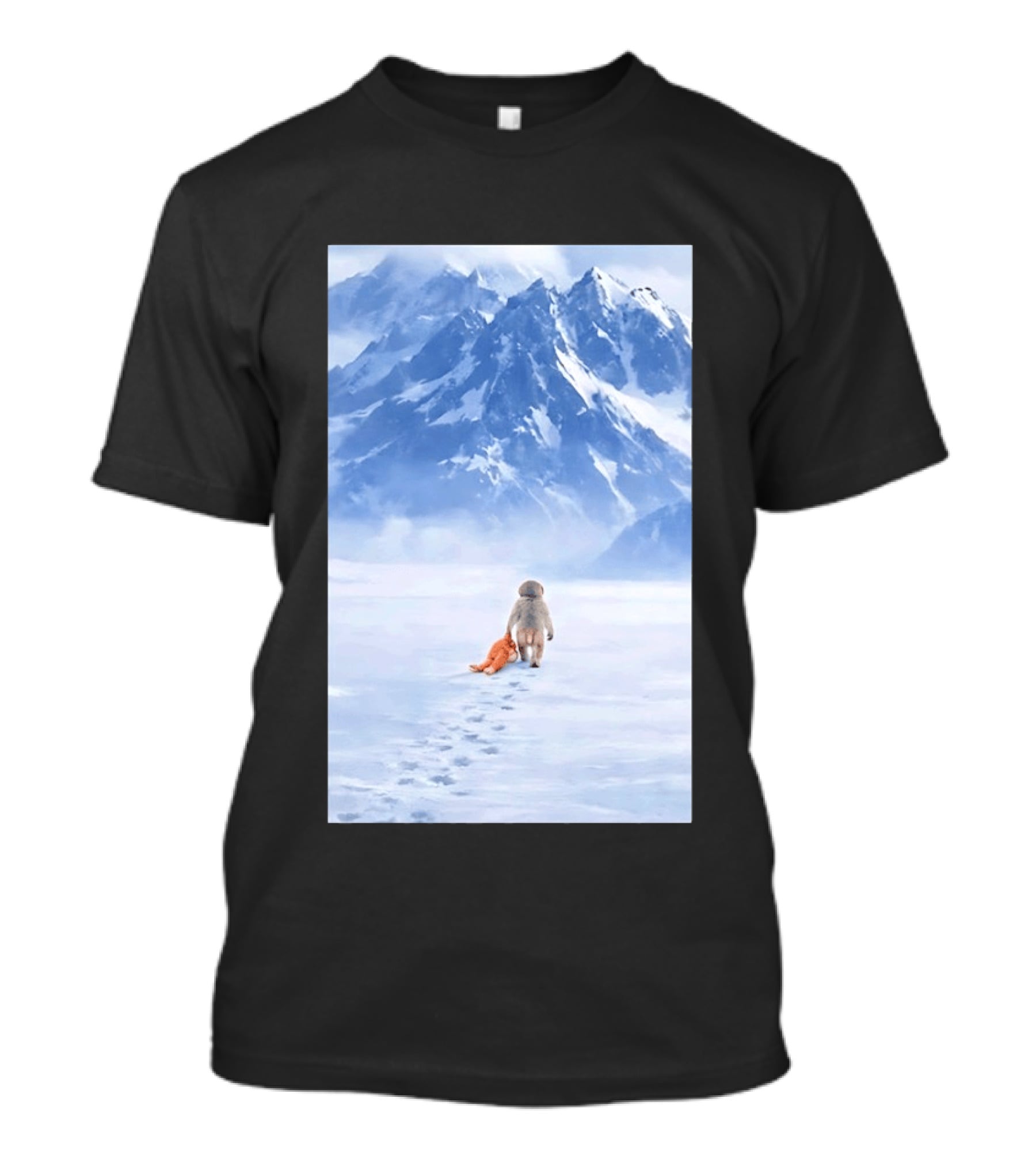 Monkey Holding Stuffed Monkey Alone Walking In Snowy Mountains T-Shirt
