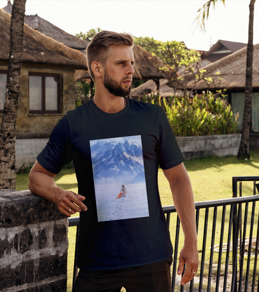 Monkey Holding Stuffed Monkey Alone Walking In Snowy Mountains T-Shirt