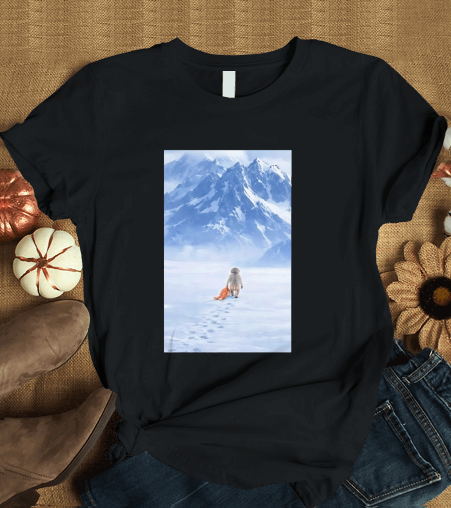 Monkey Holding Stuffed Monkey Alone Walking In Snowy Mountains T-Shirt