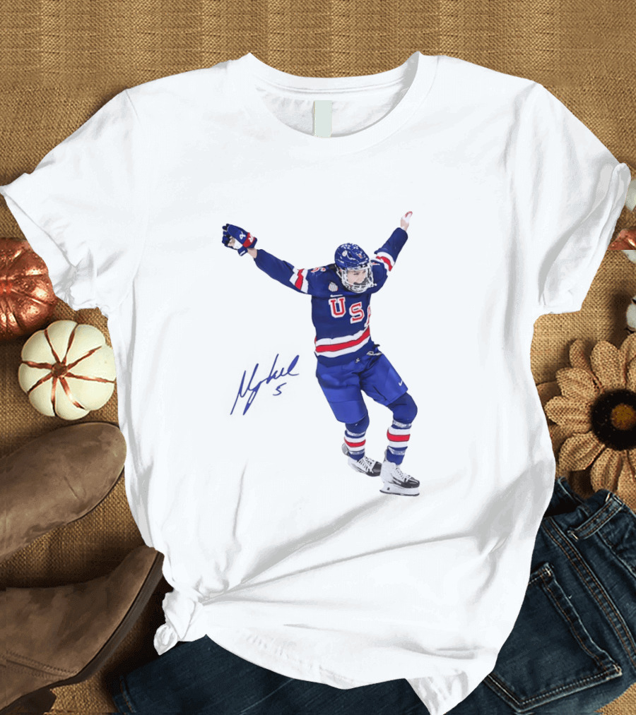 USA Team Hockey Megan Keller Blue Uniform Celebration T-Shirt