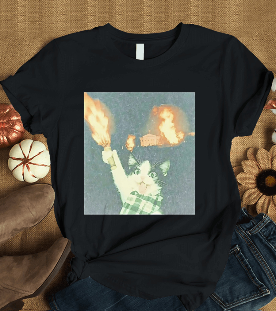 Rebellious Cat Riot Scene With Flaming T-Shirt