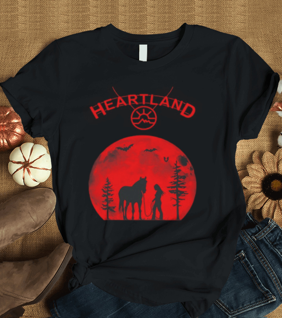 Heartland Ranch Red Moon Horse And Human Silhouette With Trees And Bats T-Shirt