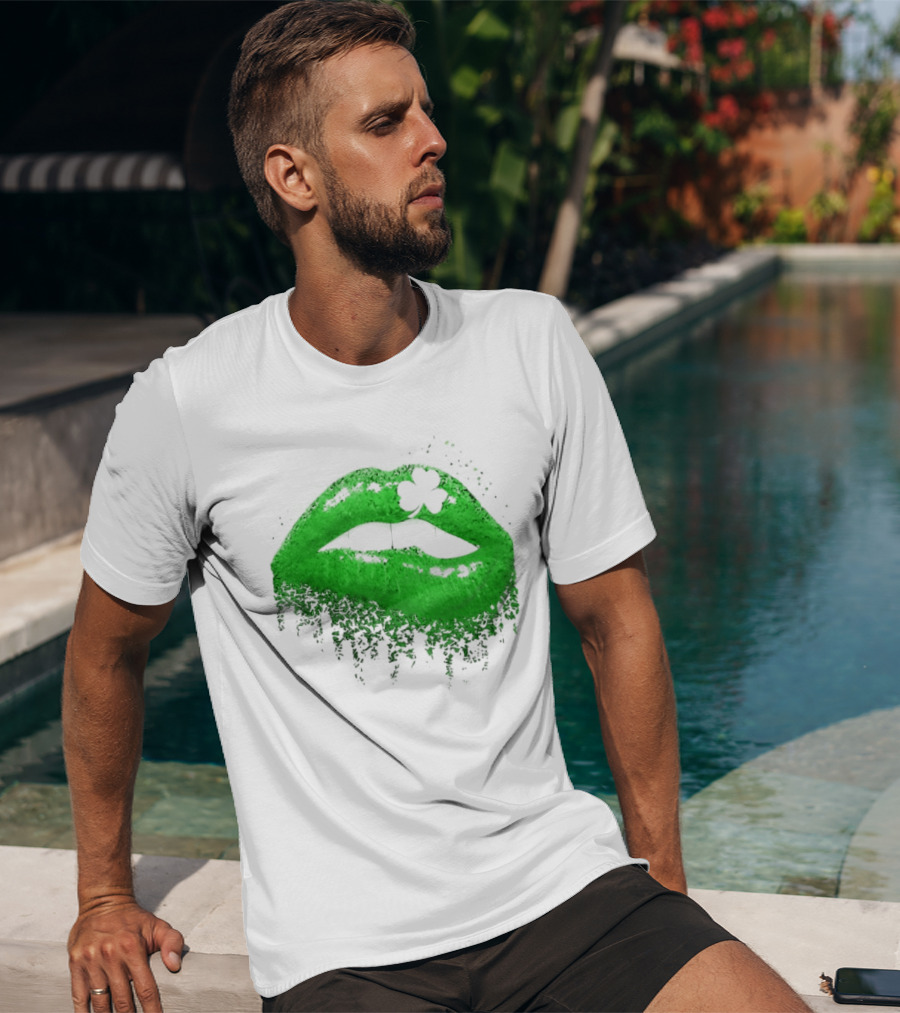 St Patrick's Day Green Lips Shamrock Shape T-Shirt