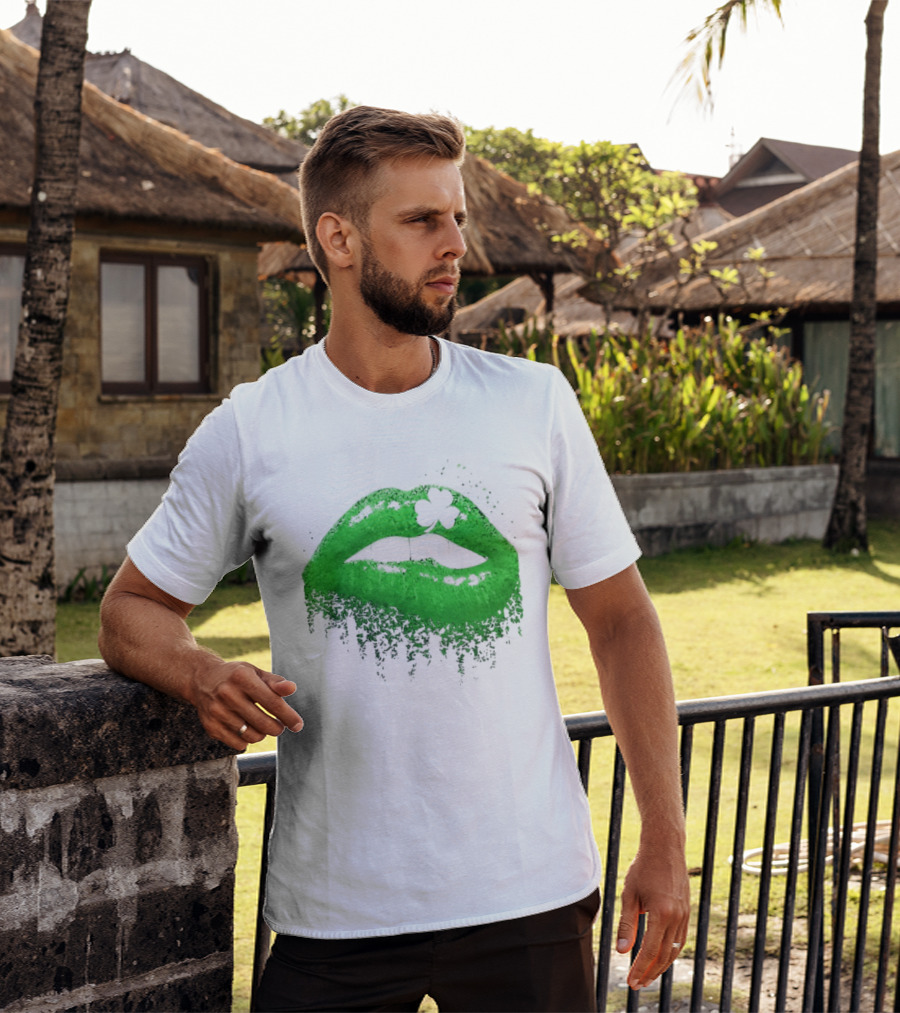 St Patrick's Day Green Lips Shamrock Shape T-Shirt