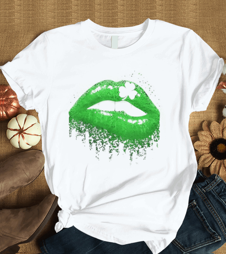 St Patrick's Day Green Lips Shamrock Shape T-Shirt