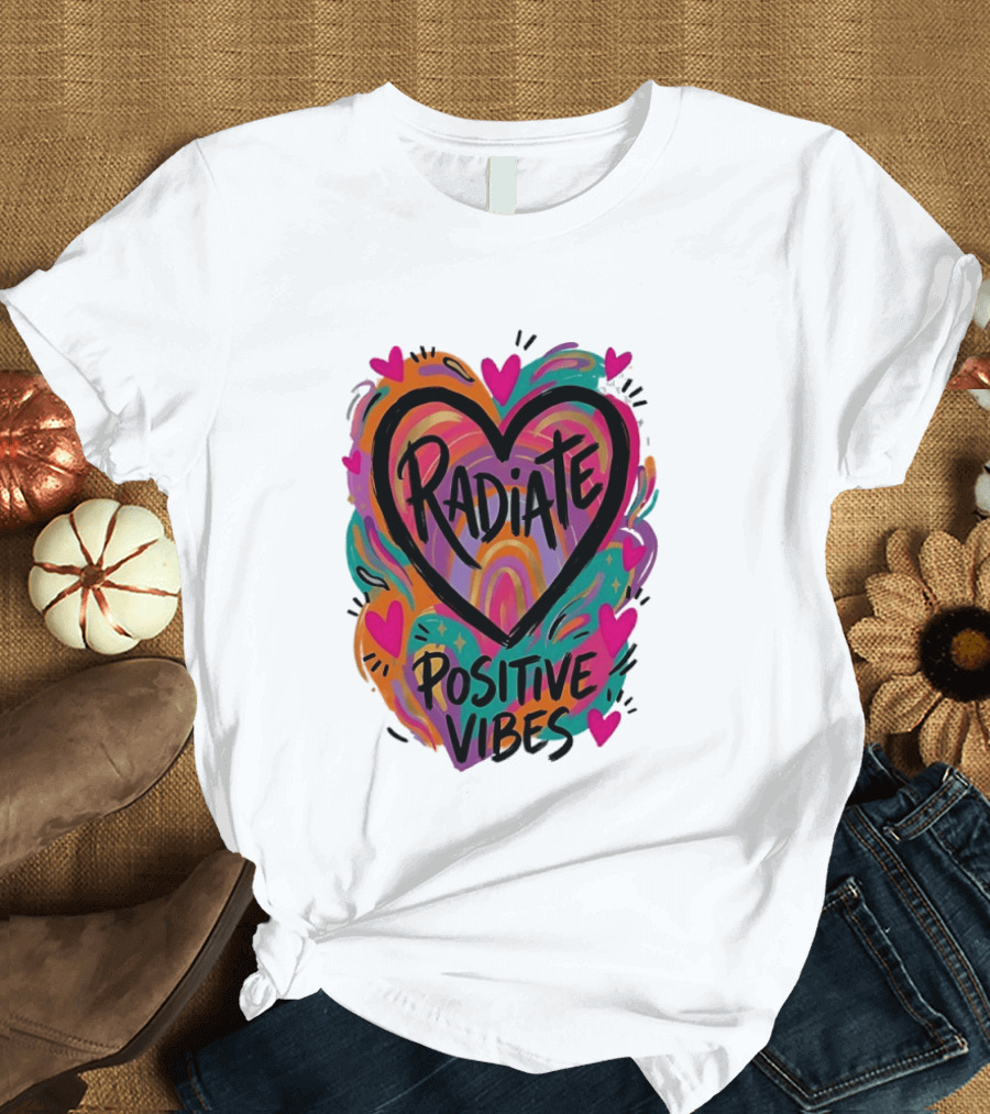 Radiate Positive Vibes Colorful Heart Shape T-Shirt