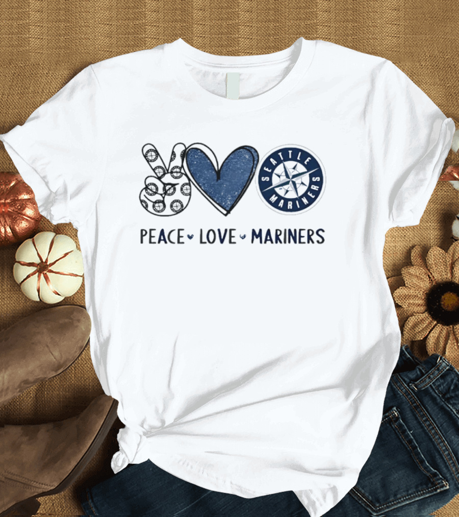 Peace Love Seattle Mariners Hand Sign Heart Shape T-Shirt