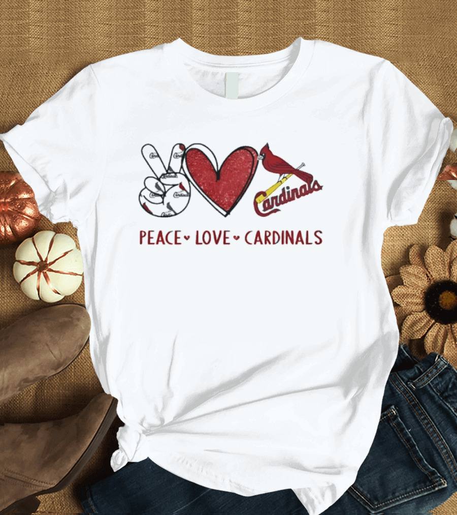Peace Love Cardinals Hand Sign Heart Shape St Louis Cardinals T-Shirt