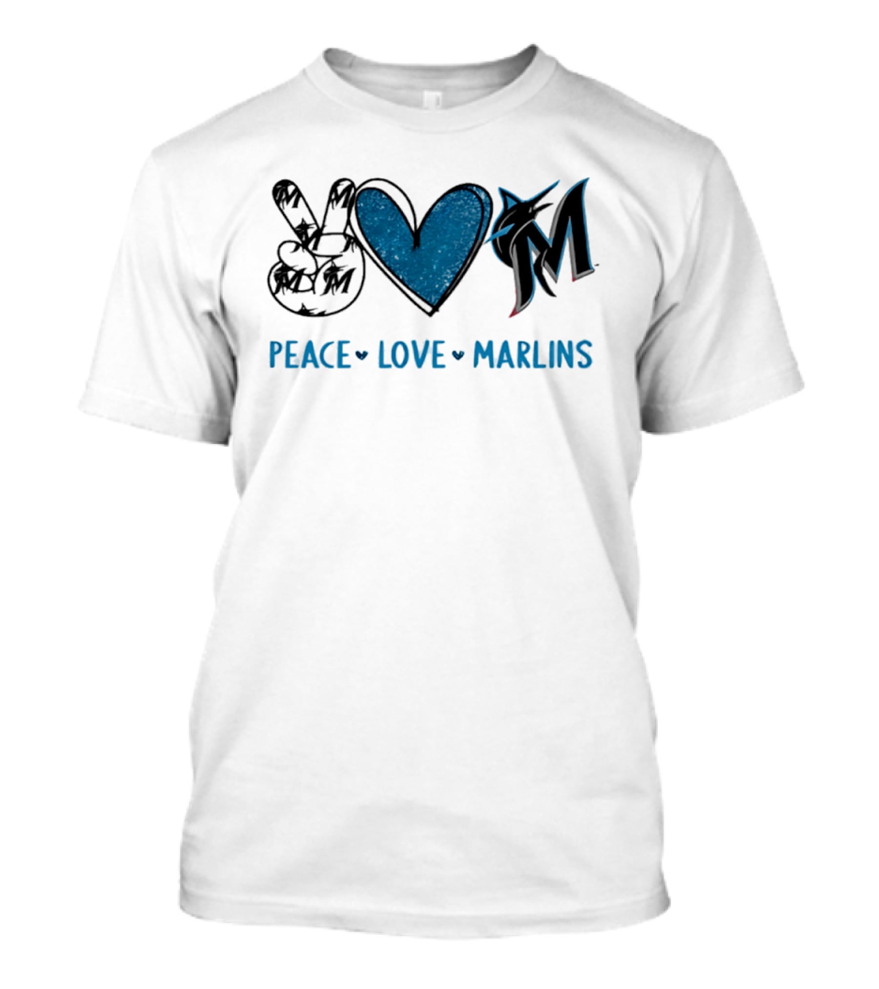 Peace Love Miami Marlins Hand Sign Heart Shape T-Shirt