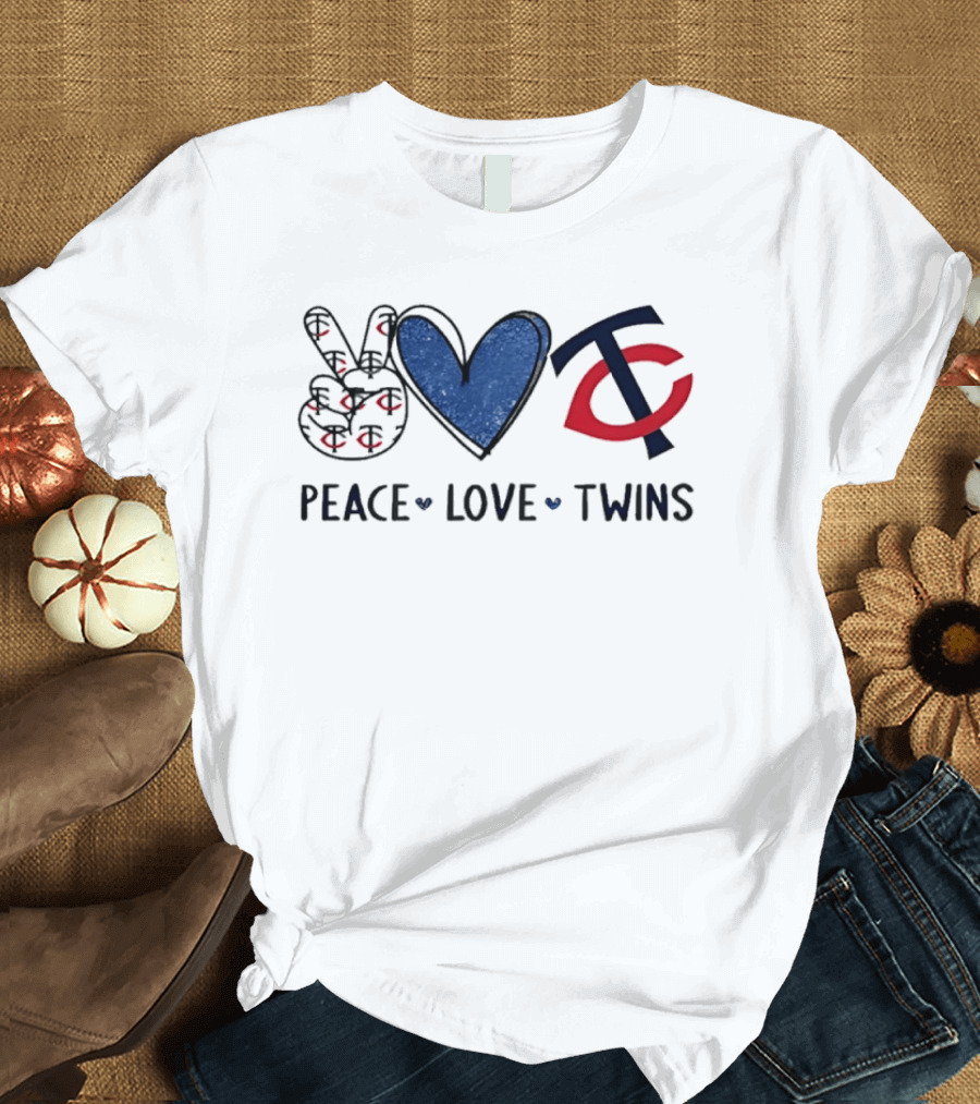 PEACE LOVE TWINS Hand Sign Heart Shape TC Logo Minnesota Twins T-Shirt