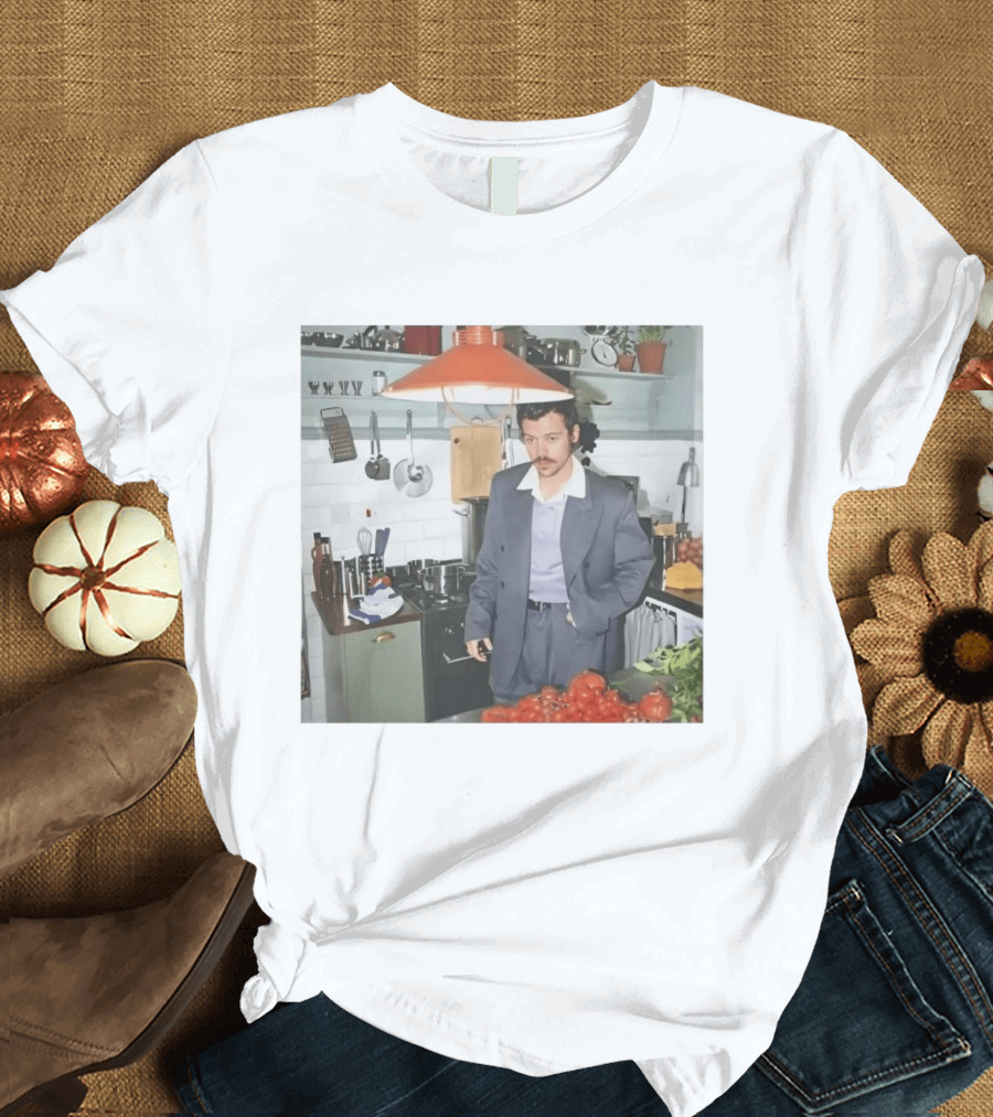 Harry Cooking In Stylish Kitchen With Suit And Vegetables T-Shirt