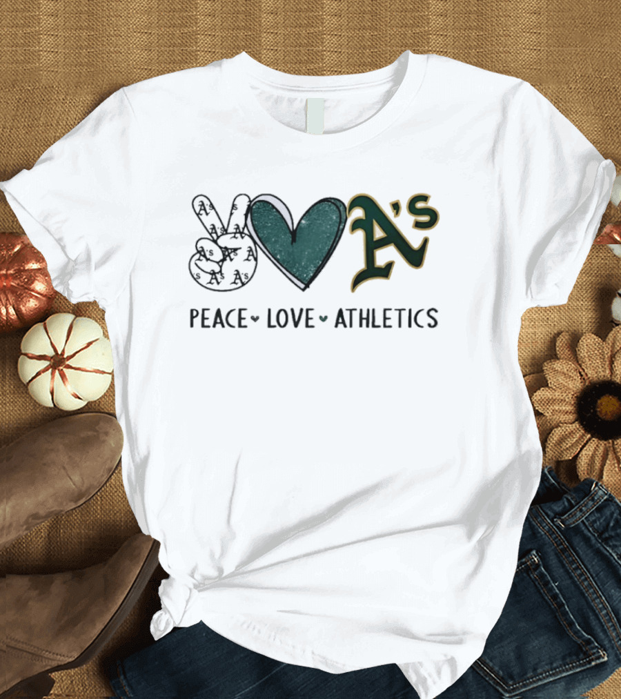 Peace Love Oakland Athletics Hand Sign Heart Shape A's T-Shirt