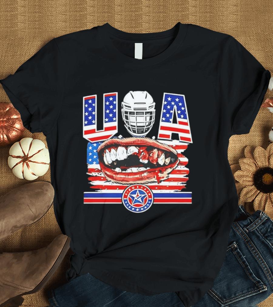 USA Hockey Helmet Bloody Teeth Mouth Stars Stripes Flag T-Shirt