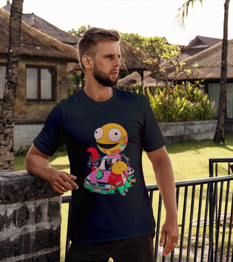 Pac Man Inspired Japanese Characters And Vintage Car Adventure T-Shirt