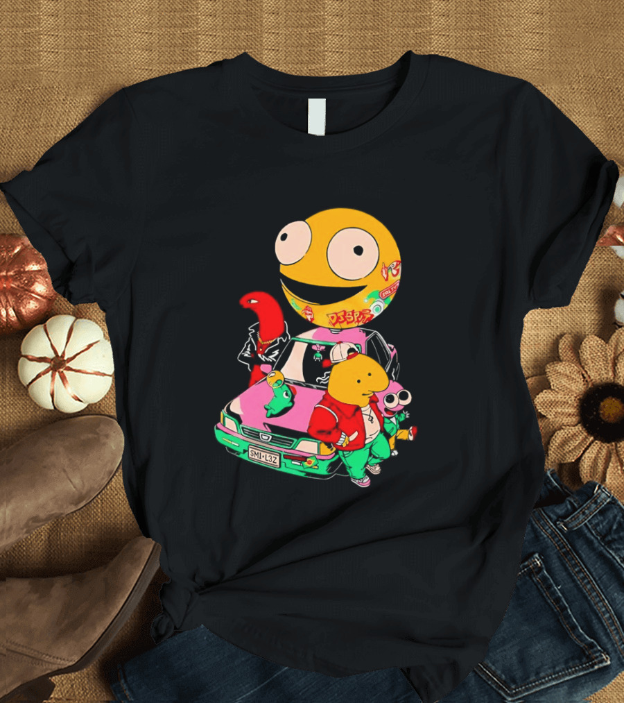 Pac Man Inspired Japanese Characters And Vintage Car Adventure T-Shirt