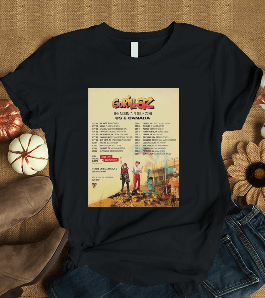 Gorillaz The Mountain Tour 2026 US Canada Dates Little Simz Deltron 3030 T-Shirt