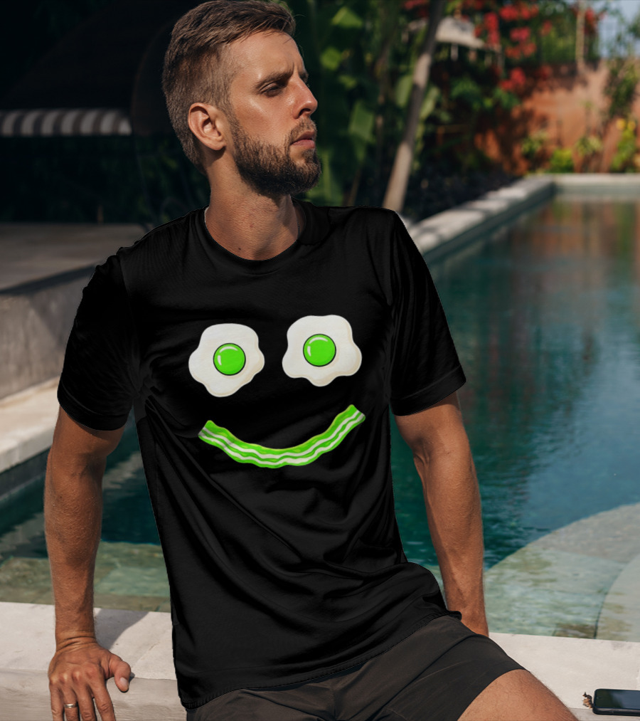 Green Smile Face Eggs And Bacon Ham Breakfast Fun Food Expression T-Shirt