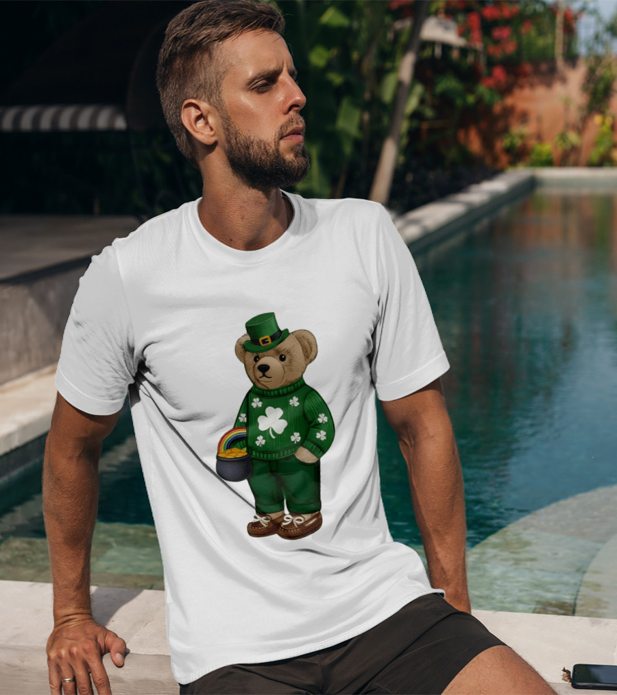 Lucky Teddy Bear Irish St Patricks Day Clover Rainbow Pot Of Gold T-Shirt