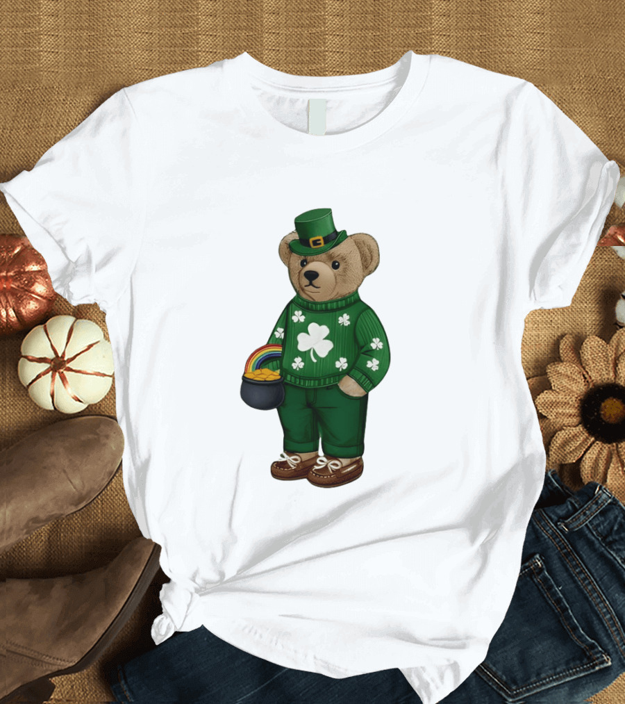 Lucky Teddy Bear Irish St Patricks Day Clover Rainbow Pot Of Gold T-Shirt