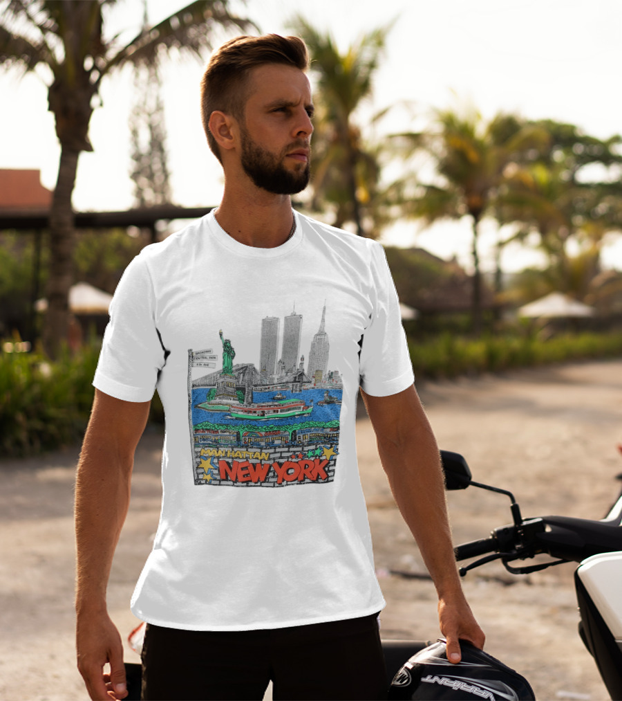 Statue Of Liberty Brooklyn Bridge Broadway Central Park 5th Ave Manhattan New York Skyline T-Shirt