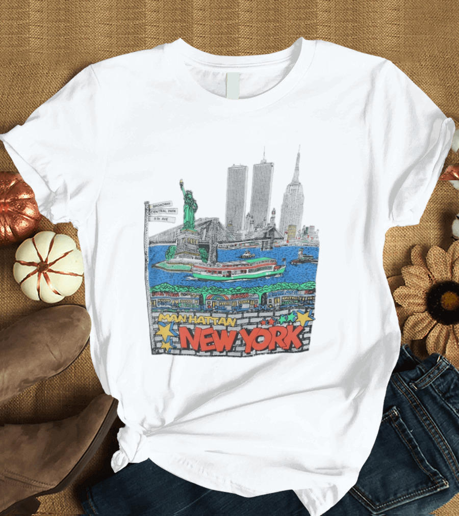 Statue Of Liberty Brooklyn Bridge Broadway Central Park 5th Ave Manhattan New York Skyline T-Shirt