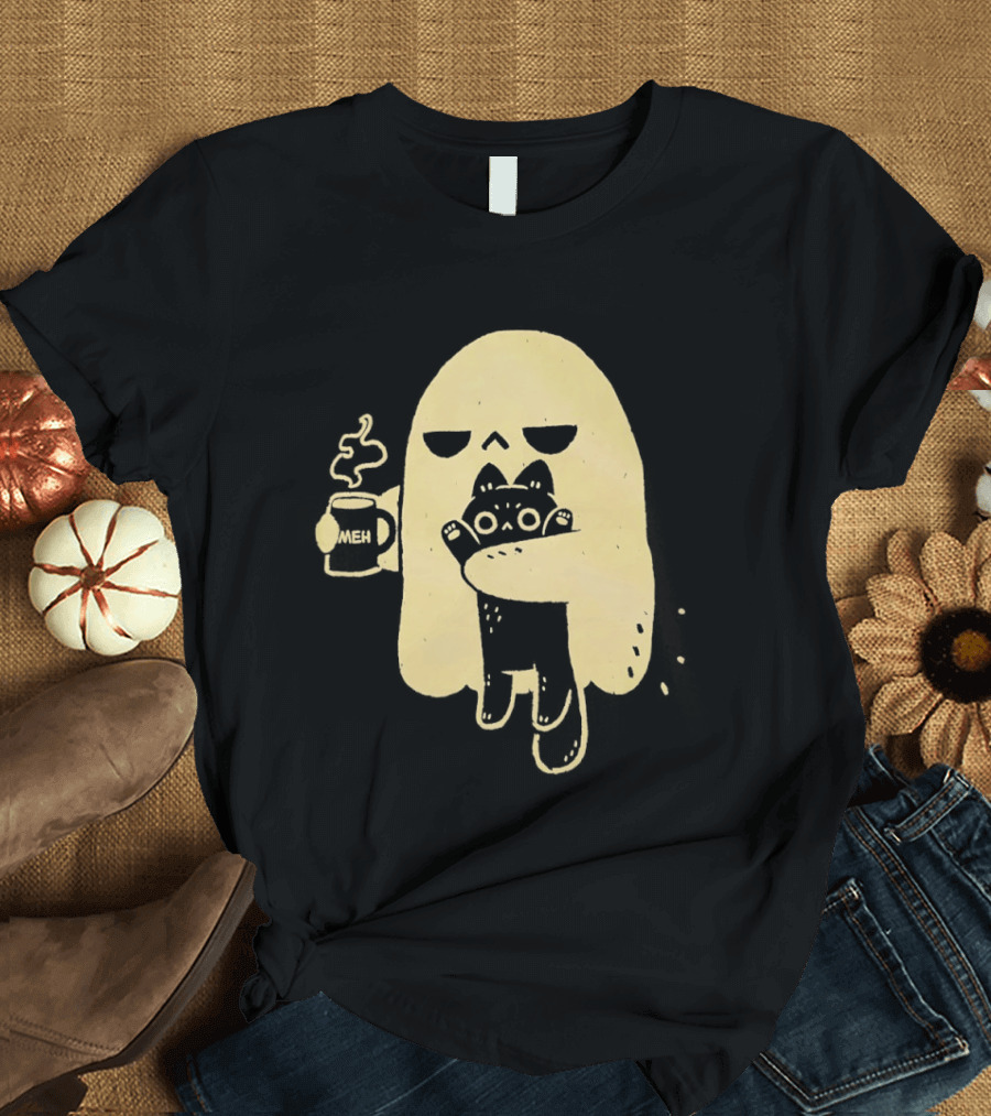 Ghost With Cat And Coffee Cup T-Shirt