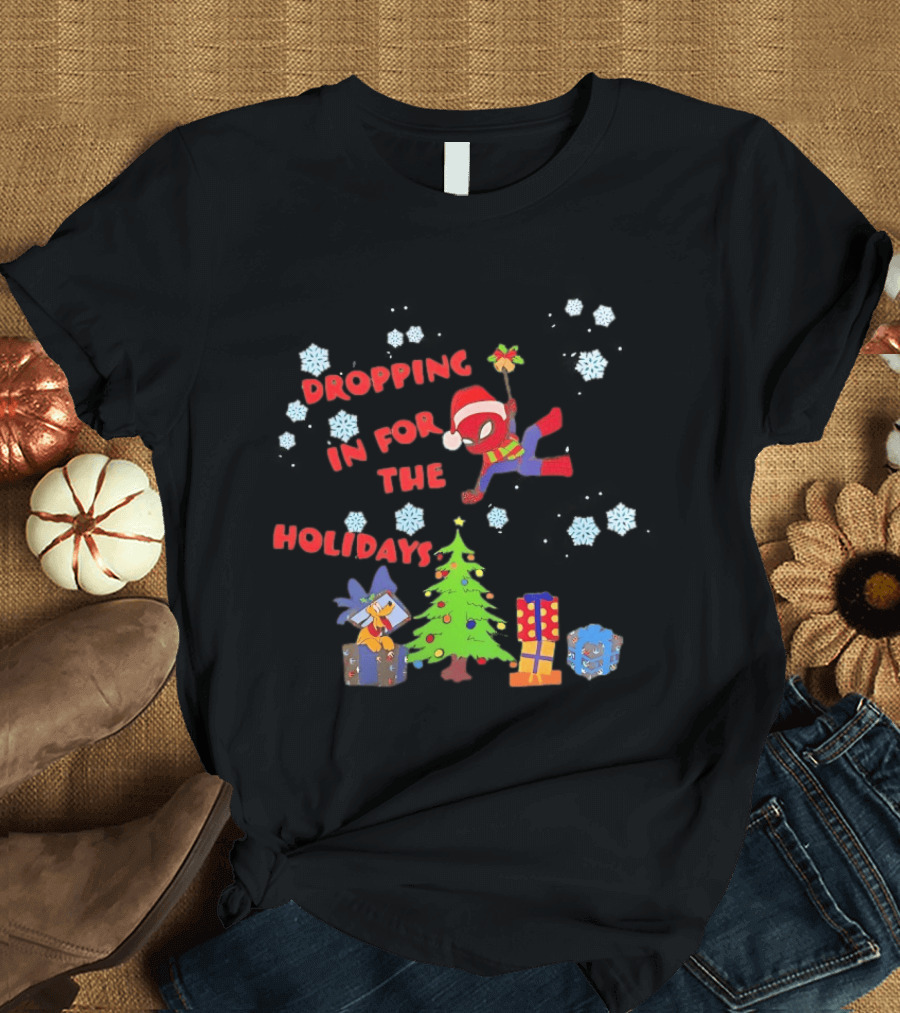 Spider Man Dropping In For The Holidays Christmas Tree Presents Snowflakes T-Shirt