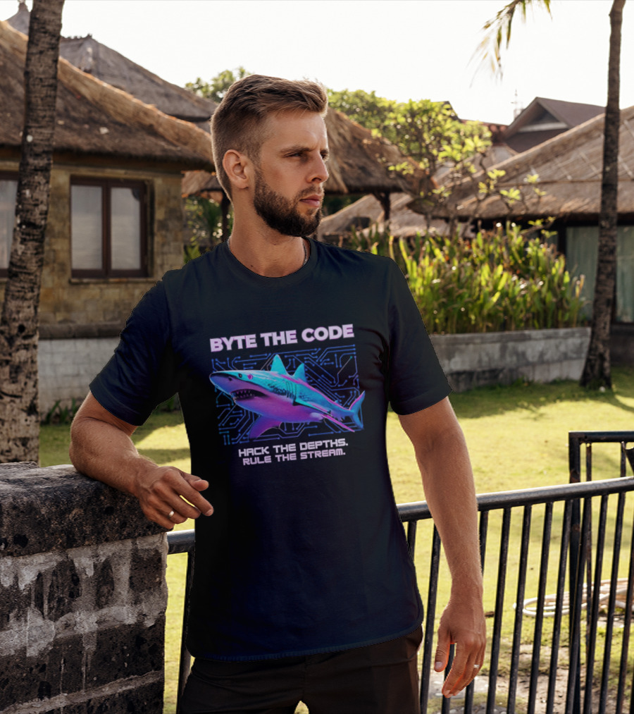 Byte The Code Hack The Depths Rule The Stream Cyberpunk Shark T-Shirt