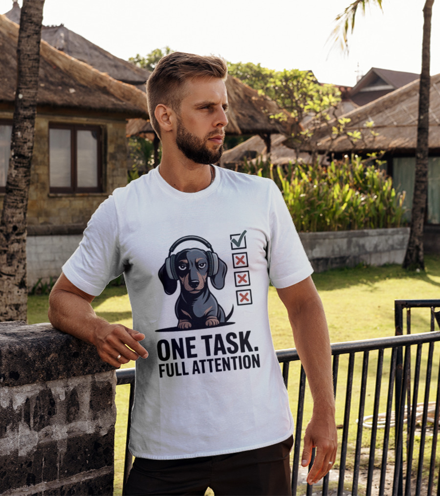 Dachshund Dog Headphones One Task Full Attention Checklist T-Shirt