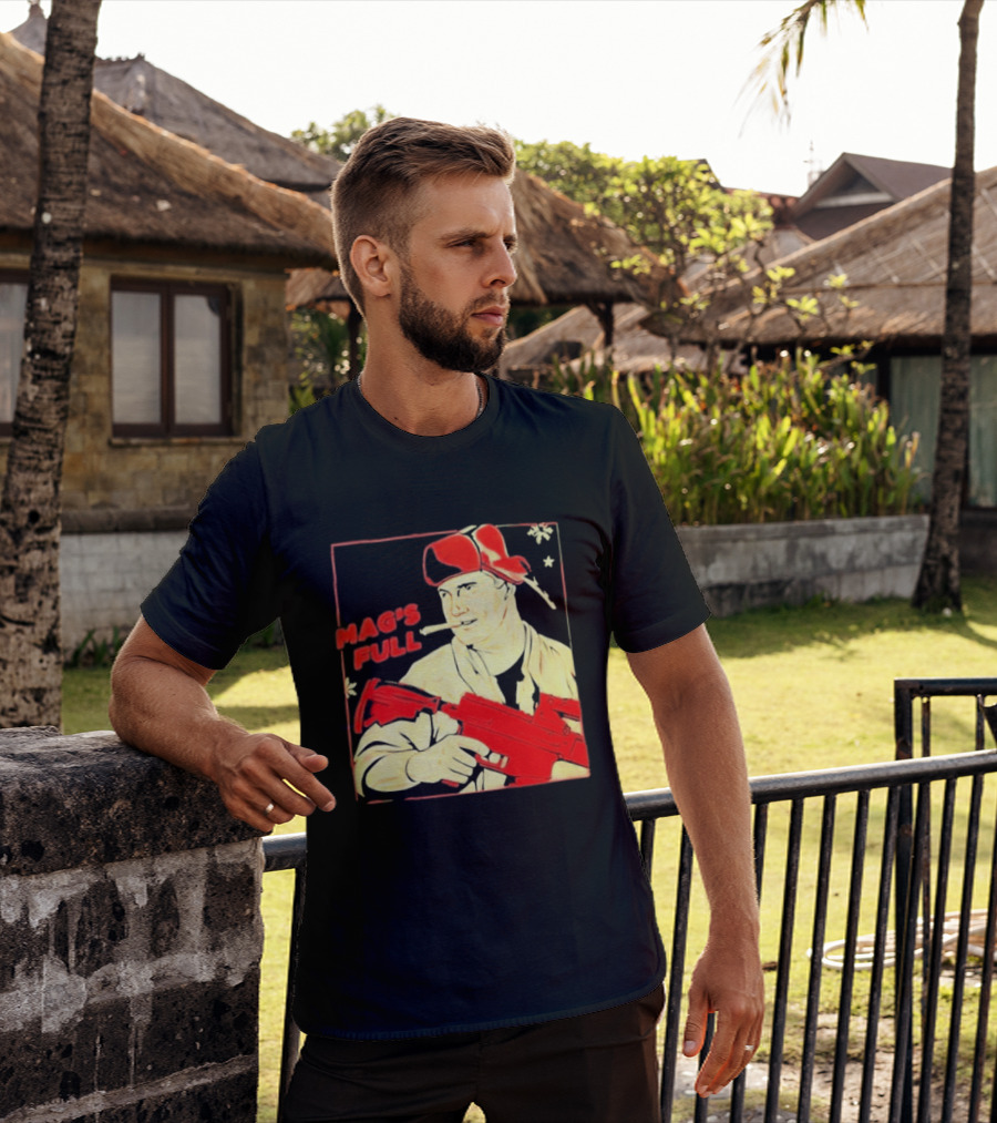 Mag's Full Armed Character With Red Cap And Gun T-Shirt