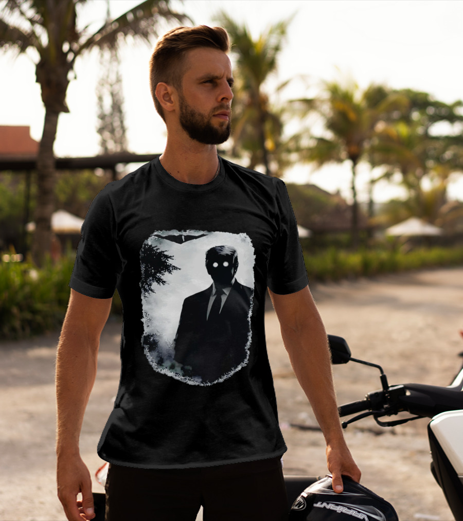 Dark Shadow Figure Mysterious Silhouette Trump Eerie Woods Cloaked Eyes T-Shirt