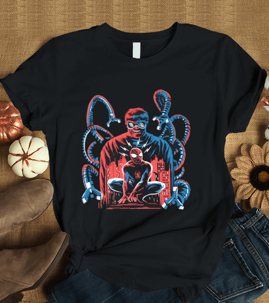 The Shadow Of The Octopus Spider Man And Doctor Octopus Cityscape Showdown T-Shirt