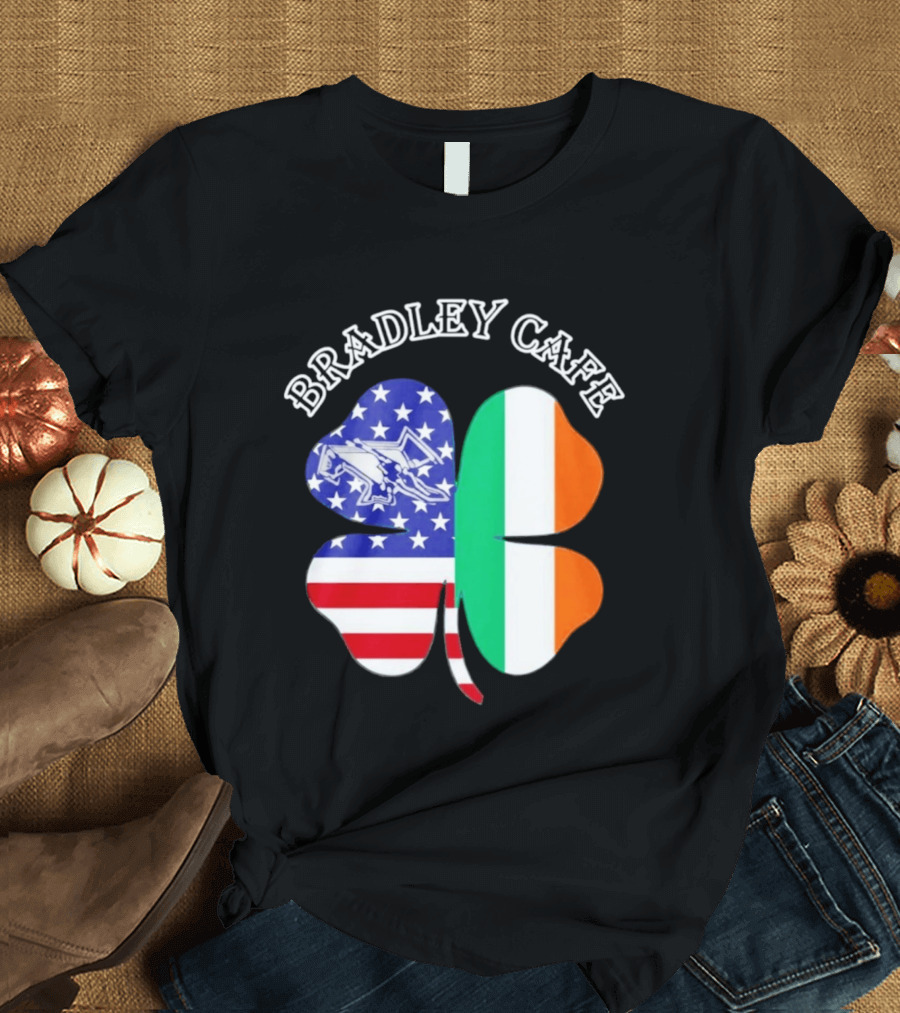Bradley Cafe Providence RI Est 1937 Four Leaf Clover American Irish Flag T-Shirt