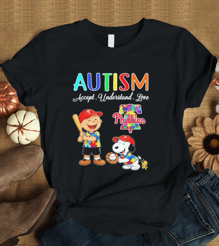 Charlie Brown Snoopy Philadelphia Phillies Autism Awareness Puzzle Piece Accept Understand Love T-Shirt