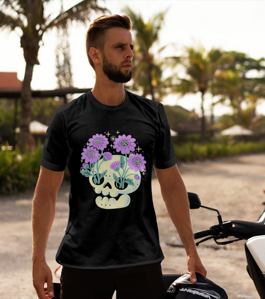 Skull With Purple Flowers And Stars Aesthetic T-Shirt