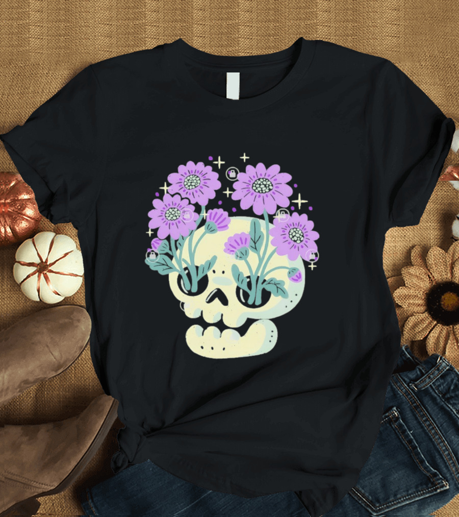 Skull With Purple Flowers And Stars Aesthetic T-Shirt