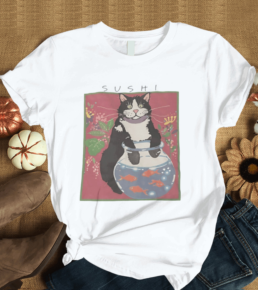 Sushi Cat Holding Fishbowl With Goldfish And Flowers T-Shirt