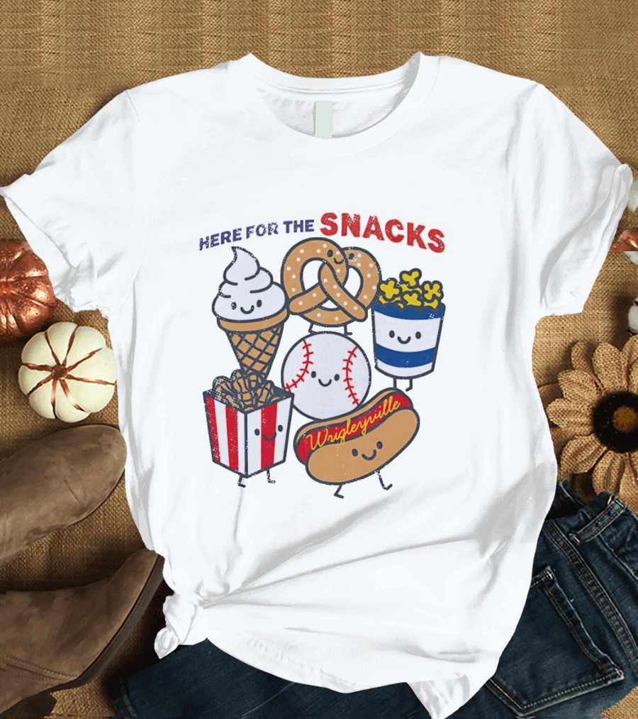 Here For The Snacks Wrigleyville Baseball Ice Cream Popcorn Hotdog Pretzel T-Shirt