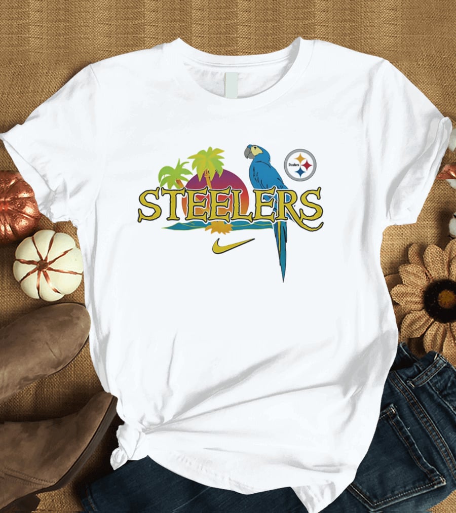 Pittsburgh Steelers Tropical Parrot Palm Trees Sunset It's 5 O' Somewhere T-Shirt