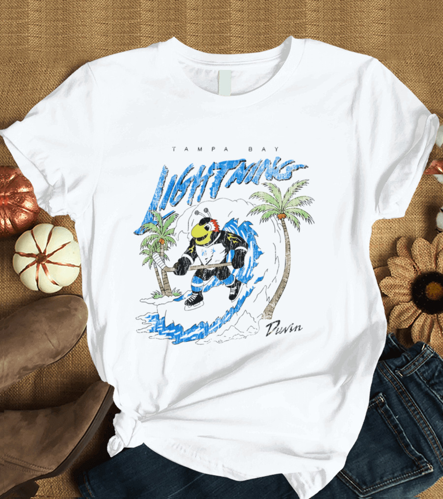 Tampa Bay Lightning Thunderbug Duvin Surfing Hockey Character With Palm Trees T-Shirt