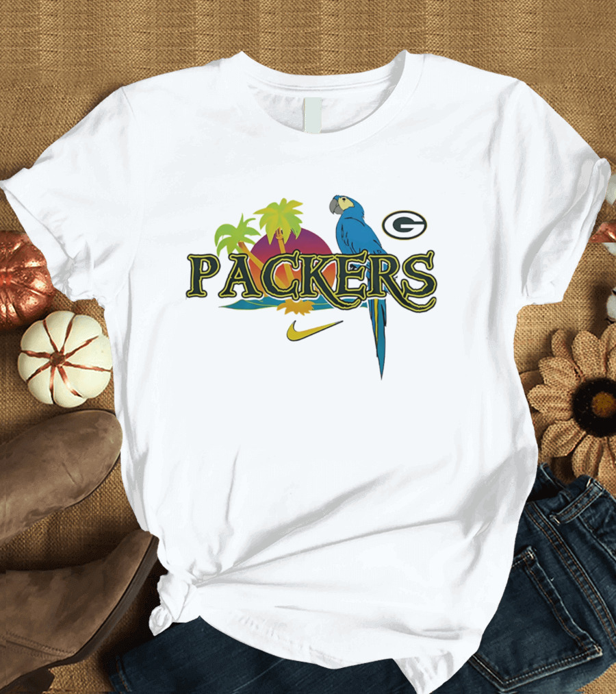 Packers Tropical Parrot Palm Trees G Logo Nike Fan Wear T-Shirt
