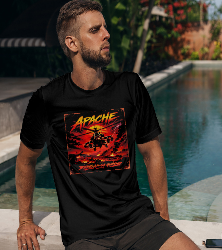 Apache Boeing AH 64 Gunship Sunset Storm Scene T-Shirt
