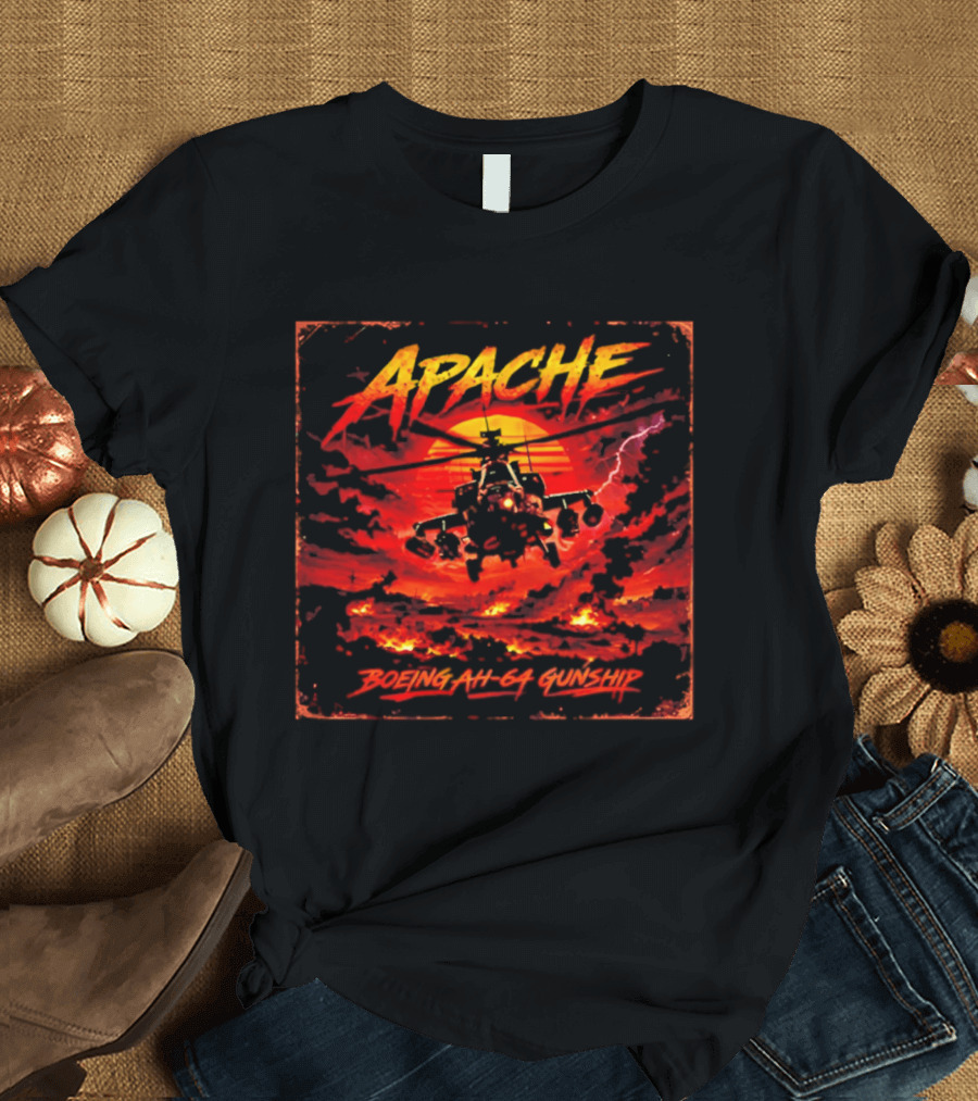 Apache Boeing AH 64 Gunship Sunset Storm Scene T-Shirt
