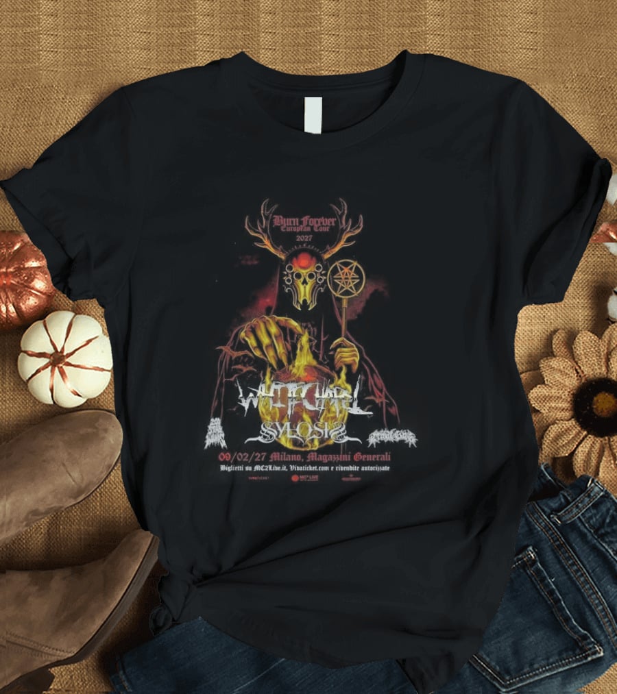 Whitechapel Burn Forever European Tour 2027 Schedule Tour Dates Demon Antlers Flames Cauldron Red Diamond Rod T-Shirt