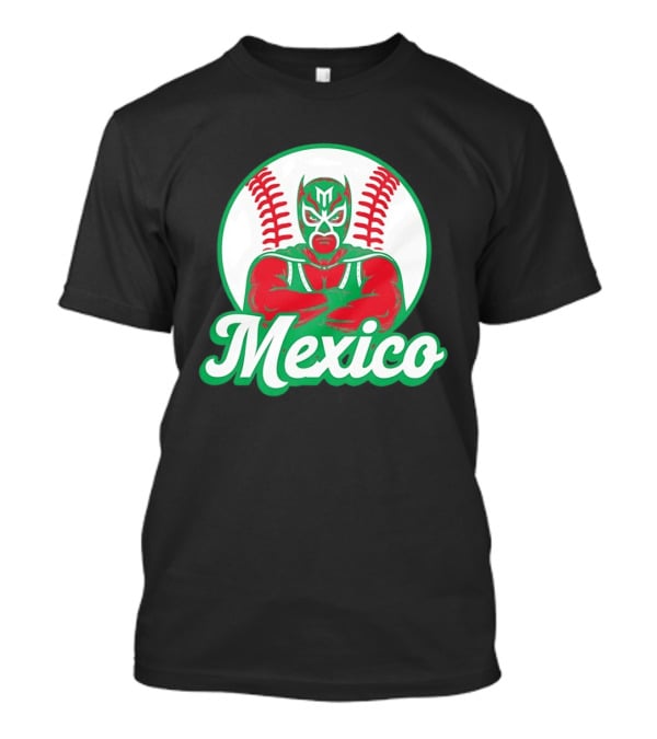 Mexico Luchador Baseball Mask Icon With Arms Crossed In Front Of Baseball Stitch T-Shirt