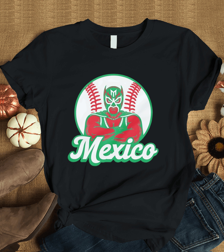 Mexico Luchador Baseball Mask Icon With Arms Crossed In Front Of Baseball Stitch T-Shirt