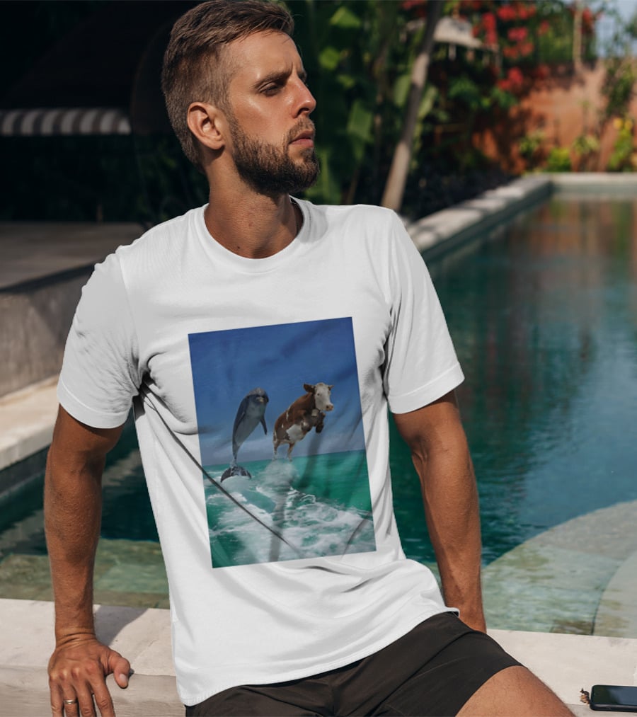 Cow And Dolphin Jumping Out Of Water Ocean Adventure T-Shirt