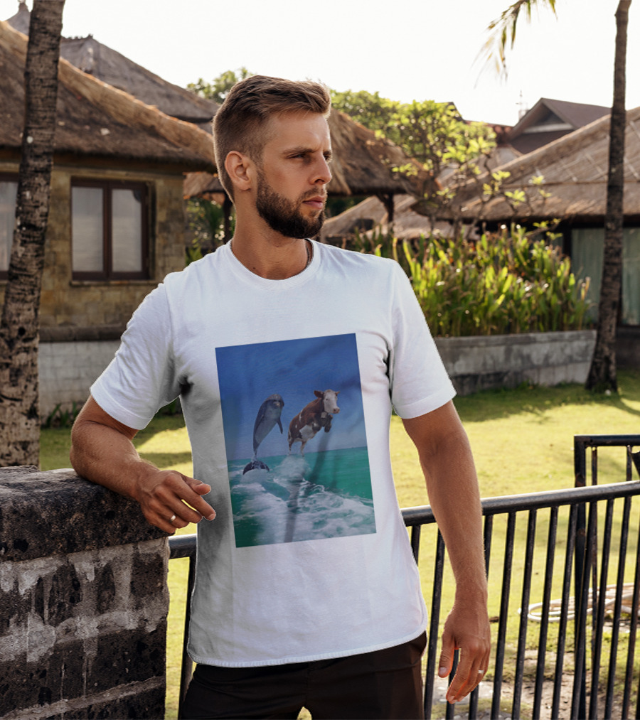 Cow And Dolphin Jumping Out Of Water Ocean Adventure T-Shirt