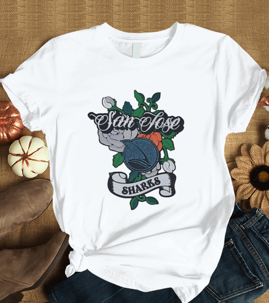 San Jose Sharks Floral Tattoo Style Team T-Shirt