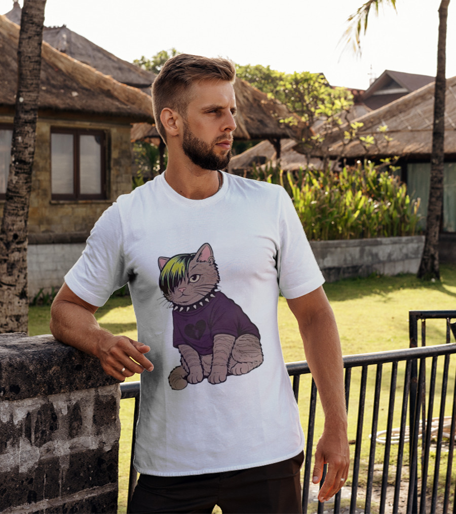 Emo Scene Cat With Heart Break Symbol And Spiked Collar T-Shirt